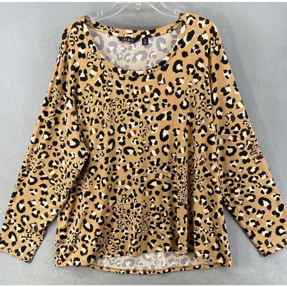 IMAN Shirt Womens Sz 3X Plus Global Chic Long Sleeve Knit Cheetah Stretch New